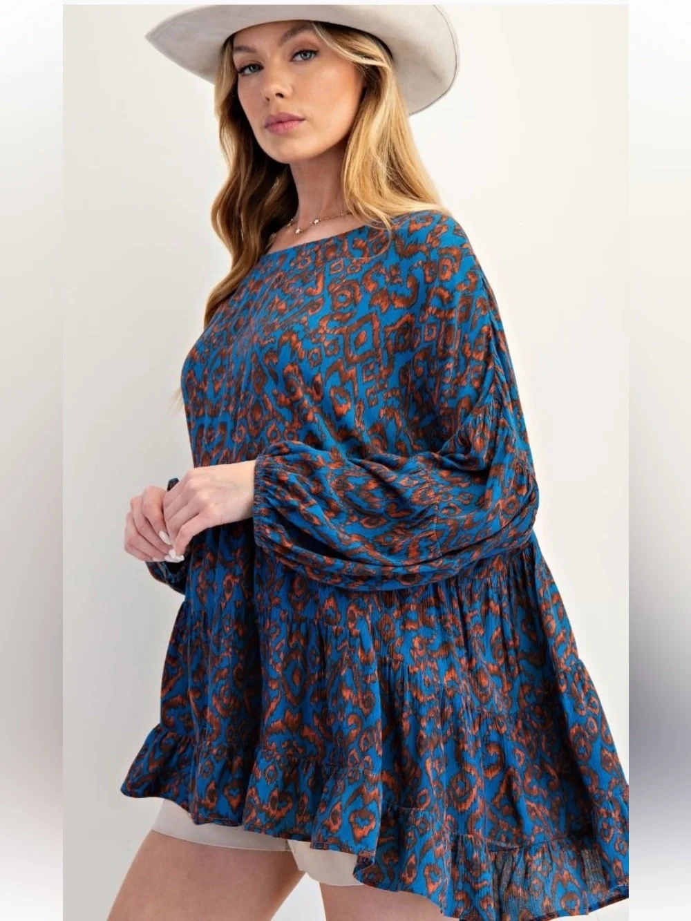 456 EASEL PRINTED RAYON GAUZE BABYDOLL TUNIC PANTS TOP MATCHING SET